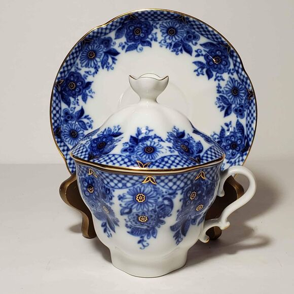 Lomonosov Teacup Saucer and Lid Blue Flowers Net Russia - Picture 9 of 9